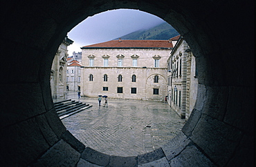 Croatia, Dalmatia, Dalmatian Coast, Fortified City Of Dubrovnik, View From A Round Window On The Cathedral Square, Rainy Day