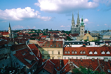 Croatia, Zagreb, Overview On The City Roofs From The City Hall Park, Cathedral At Back