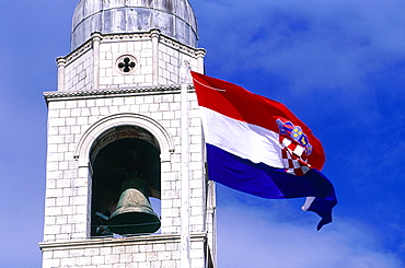 Croatia, Dalmatia, Dalmatian Coast, Fortified City Of Dubrovnik, The Old City Bell Tower Built In 1441 (H=31m) And Croatian Flag