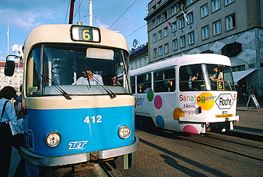 Croatia, Zagreb, Two Trams At Main Square Ban Josip Celacic