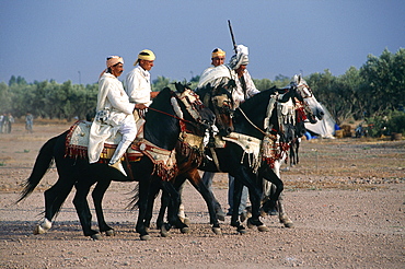 Morocco, South, Marrakech, Festival, Riders In Costumes Preparing A Fantasia