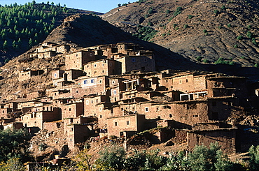 Morocco, South, Ouarzazate Region, Tizintishka Road, Berber Adobe Village On The Mountain