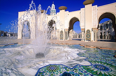 Morocco, Casablanca, The Hassan Ii Mosque Said To Have The Highest Minaret In The World (200m), Fountain In Foreground