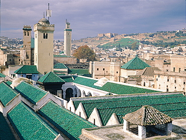 Morocco, North, Historical City Of Fes, Overview On The Qarawiyin Mosque Roofs Covered With Green Tiles