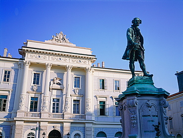 Slovenia, Istria On Adriatic Coast, Piran, The Classical Style City Hall Facade With A Venetian Lion, Monument To Composer Tartini