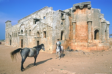 Syria, Limestone Region, Dead Village Of Qalb Loze, First Christian Basilica Built In Byzantine Syria In V Th Cent, Druze Rider And Horse