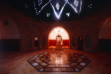 Syria, Aleppo, The Famous Hammam Al Habbadiye Built In Xivth Cent, And Rehabilitated As Luxury Baths , Under The Cupola At Back A Man Washing At A Tap