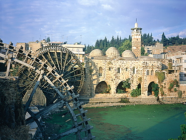 Syria, Orontes Valley, City Of Hama, River Orontes And Norias, Huge Ancient Wooden Wheels Lifting Water For Irrigation