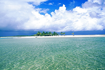 French Polynesia, Tuamotu Archipelago, Atoll Of Tikehau, Remote Sand Islet In The Lagoon With A Fisherman's Hut And Palms