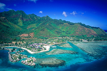 French Polynesia, Windward Islands, Moorea, Aerial Of The Island Coastline At Hotel Beachcomber