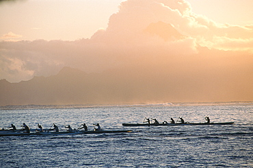 French Polynesia, Windward Islands, Tahiti, Outriggers Passing By At Dusk, Moorea Lagoon At Back