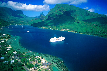 French Polynesia, Windward Islands, Moorea, Aerial Of Cooks Bay, Cruise Ship Moored