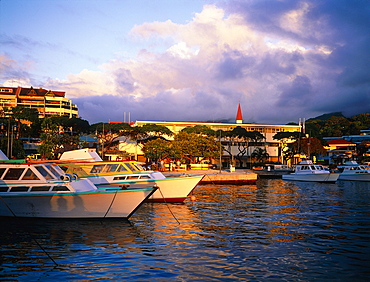 French Polynesia, Tahiti, Local Fishing Boats (Bonitiers) Moored At City Of Papeete Main Quay