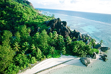 Seychelles, La Digue Island, Aerial Of Source D'argent (Silverspring) Beach Characterized By Huge Basaltic Rocks And Turquoise Lagoon