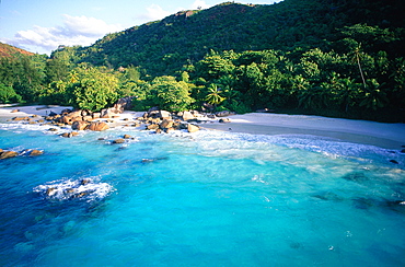 Seychelles, Praslin Island, Aerial Of A Remote Rocky Beach