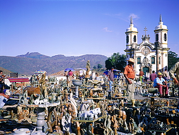 Brazil, Minas Gerais, The Historic City Of Ouro Preto, Church Igreja De Sao Francisco De Assis And Souvenirs Sellers On The Square Largo De Coimbra 