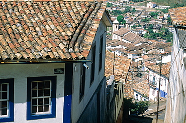 Brazil, Minas Gerais, The Historic City Of Ouro Preto, Overview On A Sloping Street From Top Of A Hill