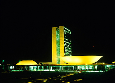 Brazil, Goias, Brasilia, The Administrative Capital Created Par President Kubitschek And Designed By Brasilian Town Planner Lucio Costa & Architect Oscar Niemeyer, The Congresso Building At Night