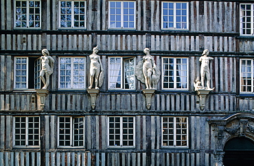 France, Normandy, Seinemaritime (76), City Of Rouen, Multistorey Halftimbered Medieval House Ornamented With Stone Statues