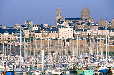 France, Normandy, Manche (50), Granville, Sailing Boats Moored In The Marina, Cathedrala At Rear