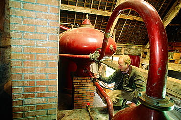 France, Normandy, Eure (27), Saintouendutilleul, Alain Caboulet At His Copper Still While Distilling Apples To Get Calvados Alcohol (Mr)