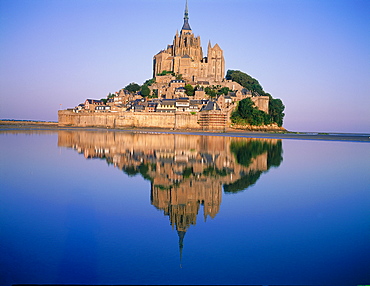 France, Normandy, Manche (50), Mont Saintmichel, Overview On The Mont St Michel At Sunrise With Reflection On The Water