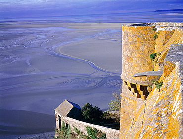 France, Normandy, Manche (50), Mont Saintmichel, Overview On The Bay From Top Of The Mont St Michel Abbey At Low Tide, Ramparts At Fore