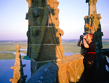 France, Normandy, Manche (50), Mont Saintmichel, A Fireman Looks After The Dangers Of The Tide On Top Of The Abbey Bell Tower