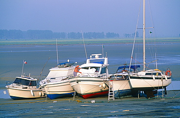 France, Normandy, Manche (50), Mont Saintmichel, Sailing Boats Ashore At Low Tide