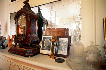 France, Normandy, Manche (50), Mont St Michel, Mrs Lebrec Is The Most Senior Member Of St Michel Inhabitants, She Retired After Being An Explorator And Live In An Old Stone House That Belonged Formerly To The Abbott, Her Room, Closeup On The Chimney Top With Family Souvenirs And Marechal Petain Photography (He Slept There)