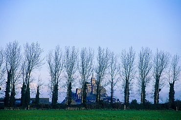 France, Normandy, Manche (50), Mont Saintmichel, Overview On The Mont St Michel Behind A Poplars Line