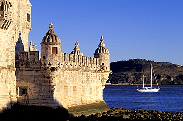 Portugal, Lisbon (Near), Belem, The Stone Tower Built On Tagus River From 1515 To 1525, Yacht On The River At Back