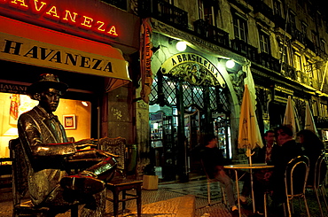 Portugal, Lisbon, Cafe Brasileira A Fernando Pessoa Favourite, Night View On The Terrace And The Poet Statue