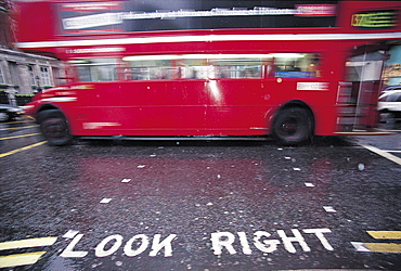 UK, London, Blurred Bus & Street Sign