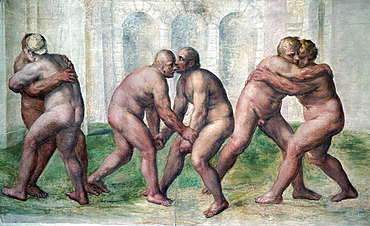 Italy, Emilia Romagna, Ferrara, Castello D'este (Castle), Mural Frescoe Of Wrestlers