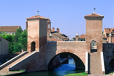 Italy, Emilia Romagna, River Po Delta, Comarchio, The Famous Bridge With Towers