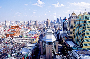 City skyline seen from top of Hotel Sofitel in Nanjing Street, Shanghai, China, Asia