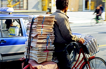 Bicycles and car, Shanghai, China, Asia