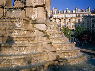 Fountain in Francois Villon Square, Marais Quarter, Paris, France, Europe