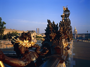 Close-up of sculptures, Alexandre III Bridge over River Seine built in 1900, UNESCO World Heritage Site, Paris, France, Europe