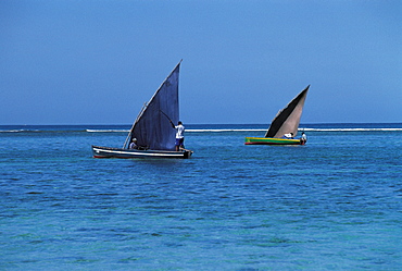 Mauritius, Two Sailing Fisherman Boats In The Lagoon