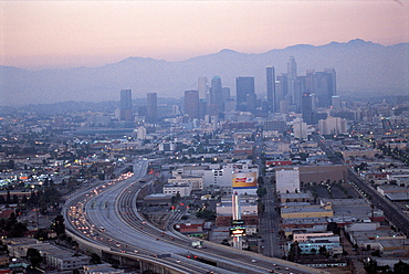 Los Angeles, California, Usa Santa Monica Freeway, Downtown At Rear, Aerial