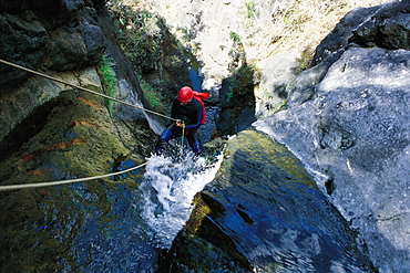 Canyoning In A Waterfall, Cilaos, Reunion