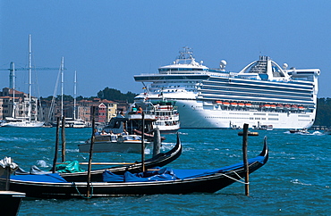 Gondola And Huge Cruiser, Venice Laguna, Italy