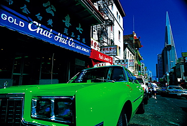 Chinatown, Green Cab & Transam Pyramid At Rear, San Francisco, Usa