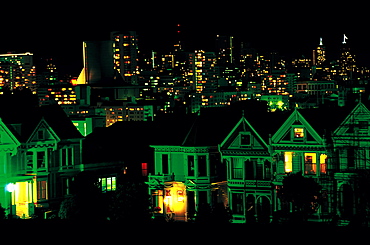 Alamo Square Victorian Houses At Night, San Francisco, Usa