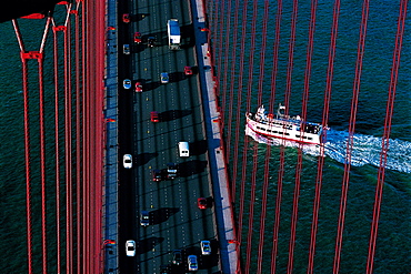 Golden Gate Bridge, Overhead View In Part With Boat, San Francisco, Usa