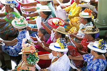 Women members of the congregation wearing hats, Papeete, Tahiti, Society Islands, Pacific Islands, Pacific