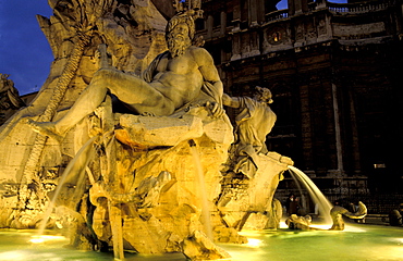 Italy, Rome, Piazza Navona, Fountain Of The Four Rivers At Night