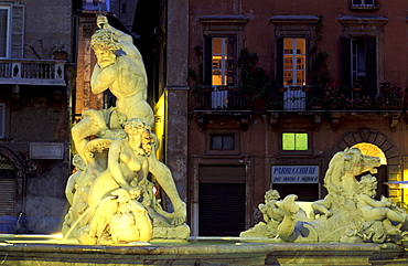 Italy, Rome, Piazza Navona, Neptune Fountain At Night